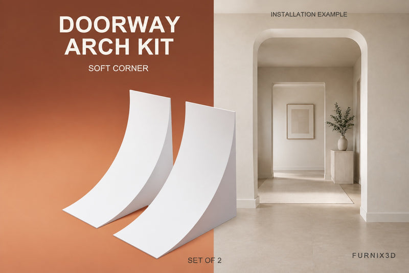 FURNIX3D Soft Corner arch kit: two corner forms with an illustrated terracotta interior installation example