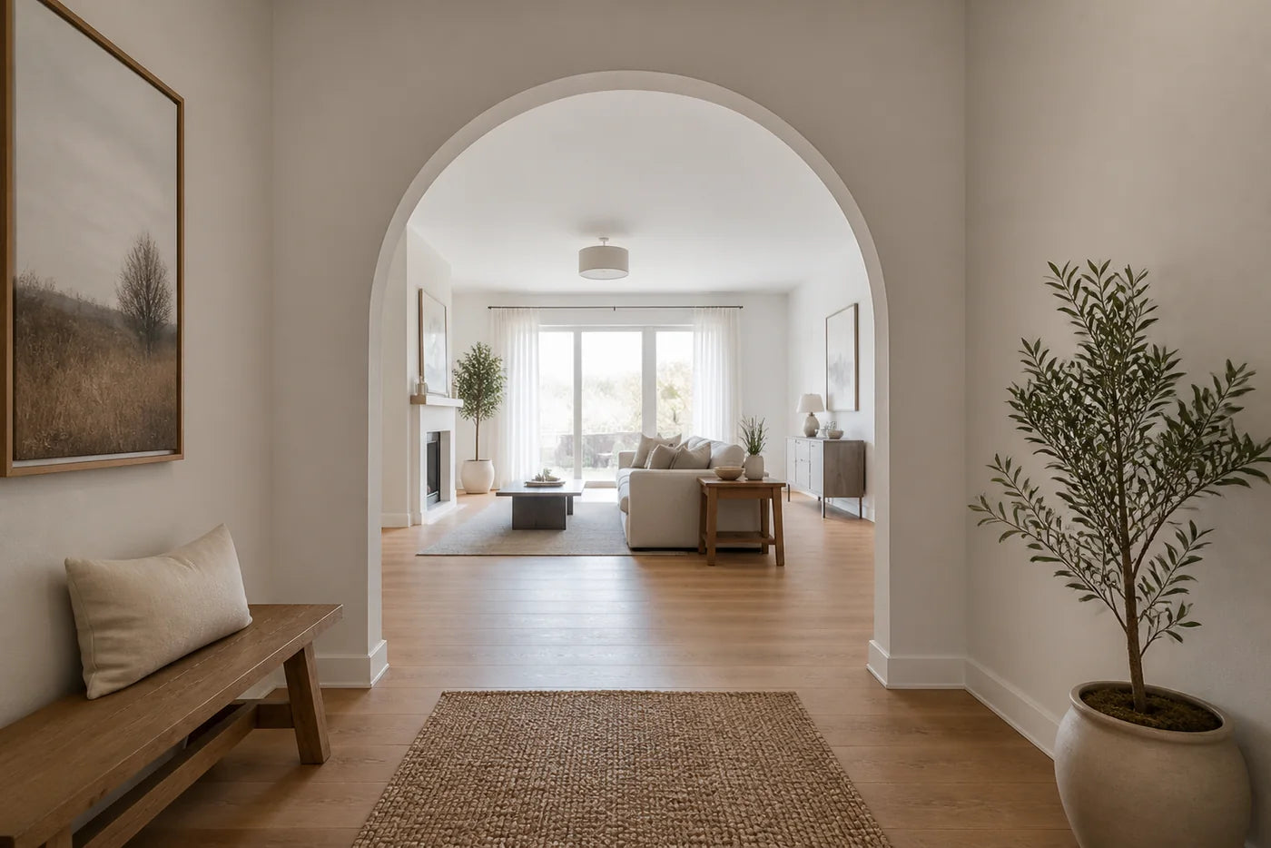 Interior visualization of a full arch opening into a bright living room