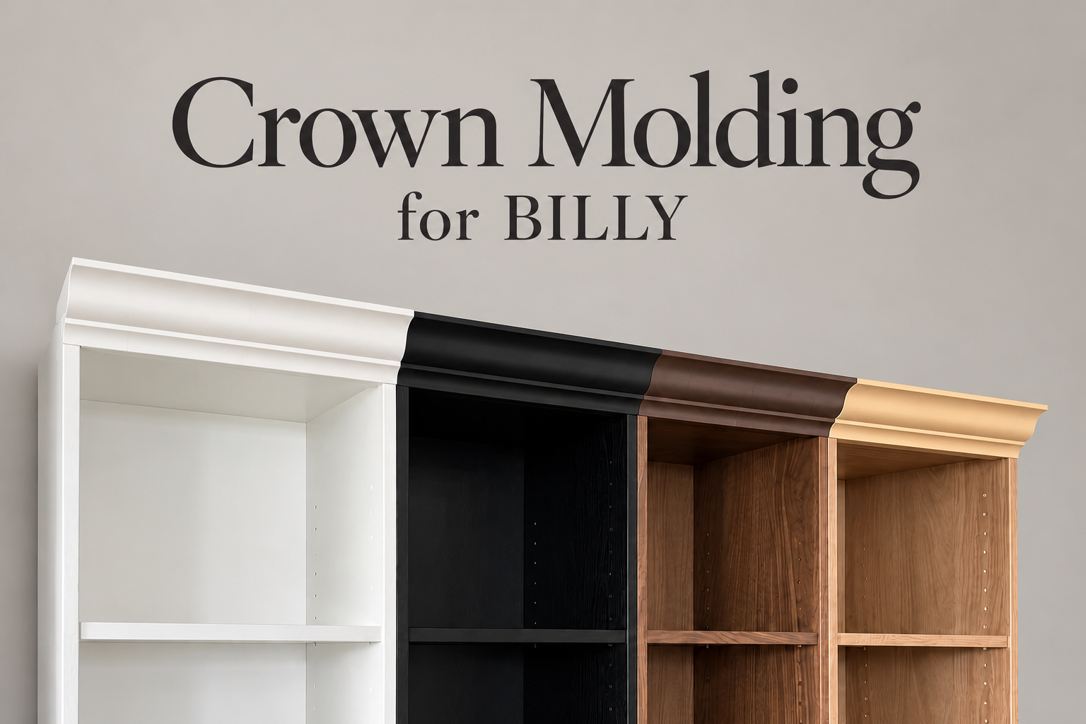 Crown molding for BILLY shown in white, black, dark brown and light beige above four bookcase finishes